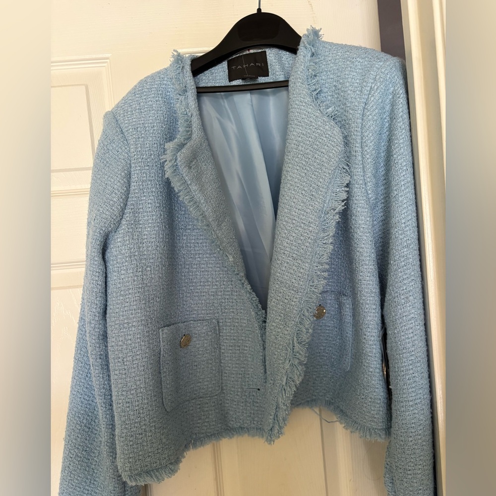 T Tahari Women's Blue Frayed Tweed Jacket